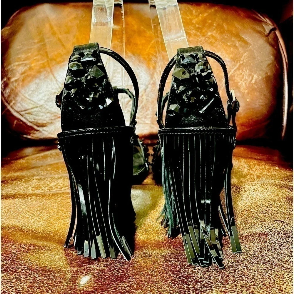 LOUIS Vuitton silk sandals crystal embellishments, patent leather fringe. EU 38